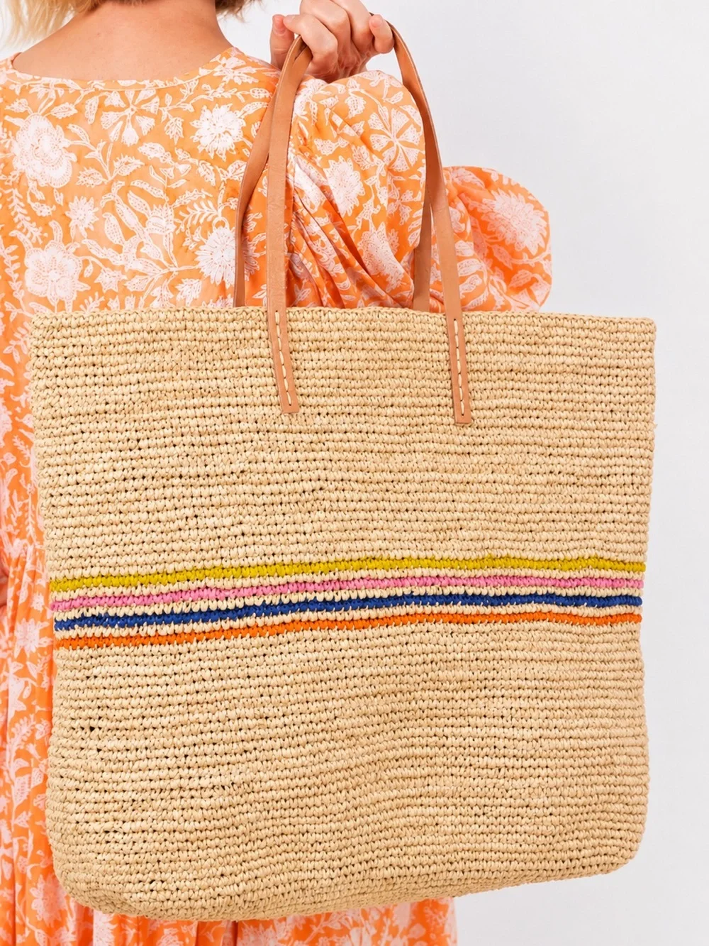 Hat Attack Raffia Straw Tote Multicolor Stripe Leather Handles Boho Beach Bag